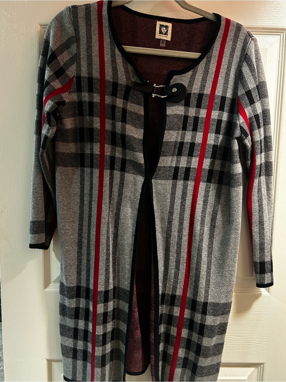 Anne Klein Gray Plaid Open-Front Coatigan with Red Stripes